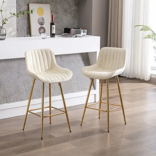 Set of 2 26" Velvet Bar Stools with Chrome Footrest - Golden Legs - CREAM