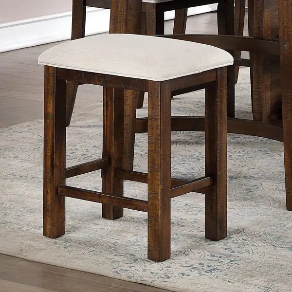 Rustic Oak Counter Height Stools (Set of 2) with Beige Fabric Cushions