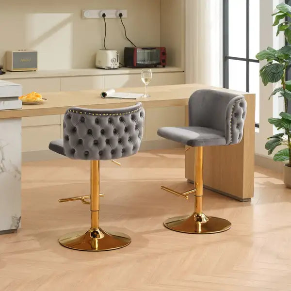 Gray Velvet Swivel Bar Stools with Gold Base, Adjustable Height, Tufted Back, Set of 2 for Kitchen Island