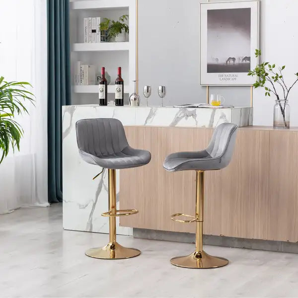 Adjustable Bar Stools Set of 2, Grey Velvet & Gold Legs, Swivel Chrome Base - Minihomy