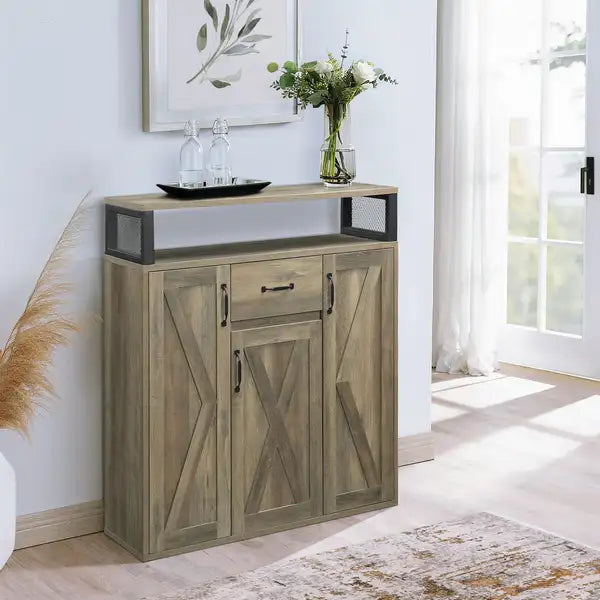 Rustic 3-Door Oak Server Cabinet - Farmhouse Storage