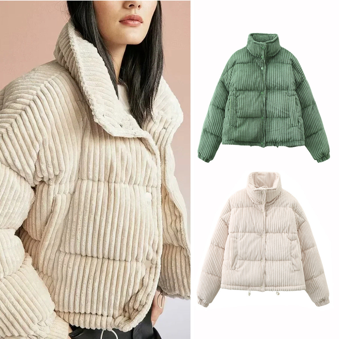 Warm Corduroy Puffer Jacket Coat Short Loose Cotton Coat