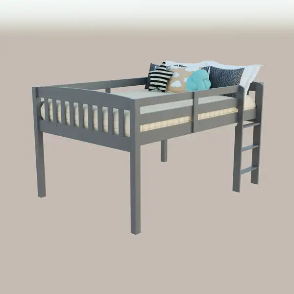 Grey Loft Bed with Storage | Full Size Kids Bed with Stairs - Solid Wood, No Box Spring Needed