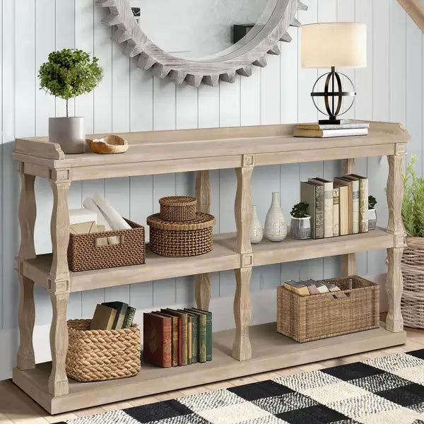 Antique White Console Table with Roman Columns & 3-Tier Storage