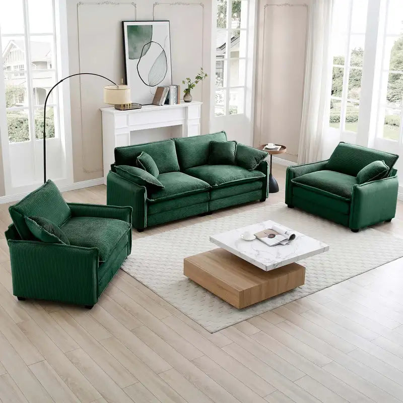 Green Corduroy Sofa Set: 2 Singles + 2-Seater, Luxurious Living Room Furniture