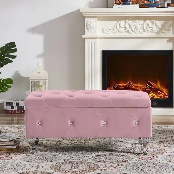 Pink Velvet Storage Bench with Padded Seat & Safety Hinge - 250lb Capacity