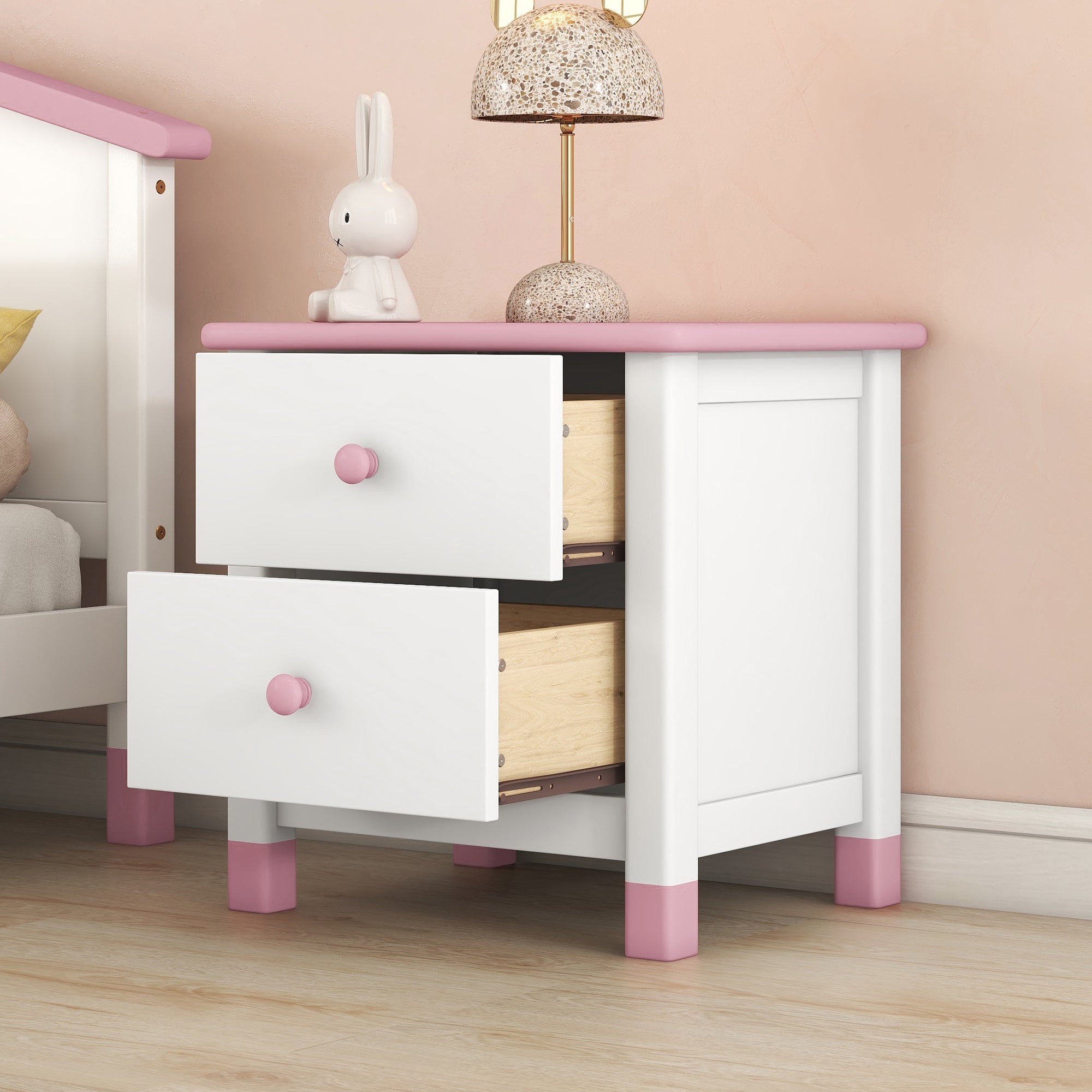 Kids White & Pink Wooden Nightstand with 2 Drawers - Bedroom End Table