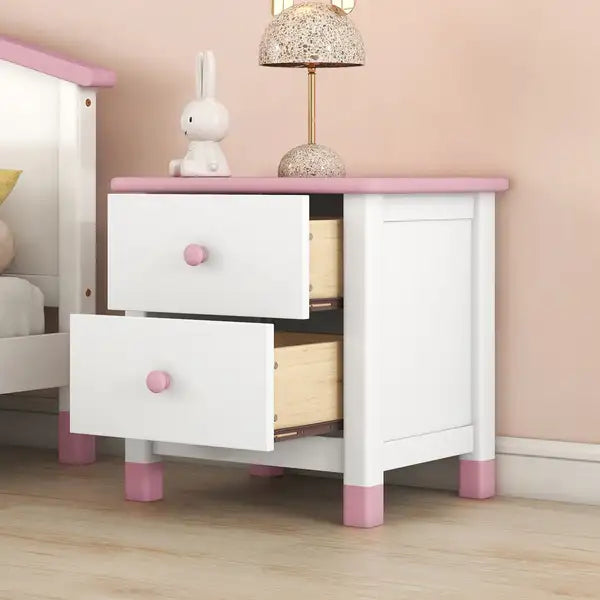 Kids White & Pink Wooden Nightstand with 2 Drawers - Bedroom End Table