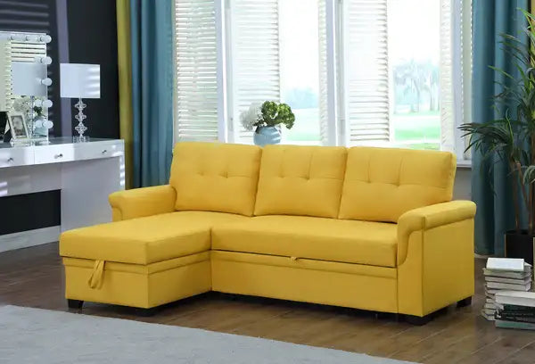 Lucca Reversible Sleeper Sectional Sofa - 84" Yellow Linen, Storage Chaise