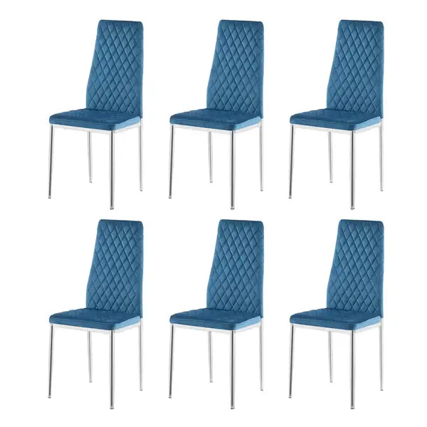 Set of 6 Modern Light Blue Dining Chairs with Chrome Metal Frame - Diamond Grid Pattern