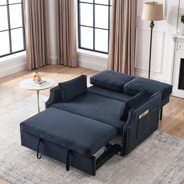 50" Velvet Sleeper Sofa with Storage, Nailhead Trim, Pull-Out Bed