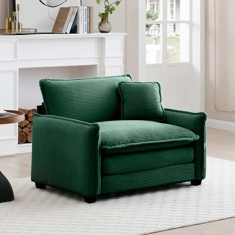 Green Corduroy Deep Seat Sofa: Comfortable Single Sofa w/Pillow