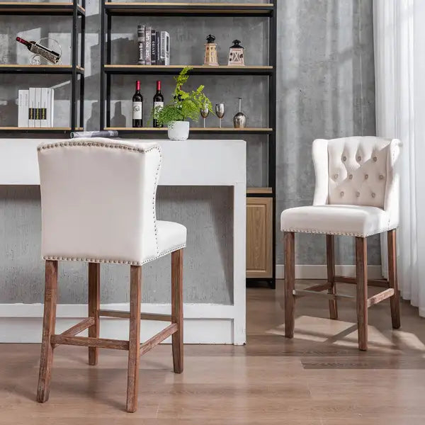 Beige Upholstered Wingback Bar Stools Set of 2 with Nailhead Trim & Tufted Back - 27" Seat Height - Minihomy