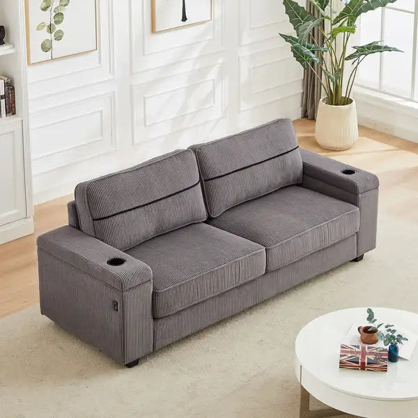 Deep Seat 3-Seater Corduroy Sofa with Storage, USB & Charging Ports