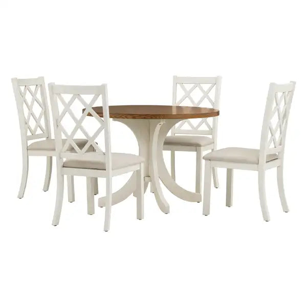 Mid-Century 5-Piece Round Dining Table Set, Solid Wood Kitchen Table with Upholstered Chairs, Walnut & Beige - Minihomy