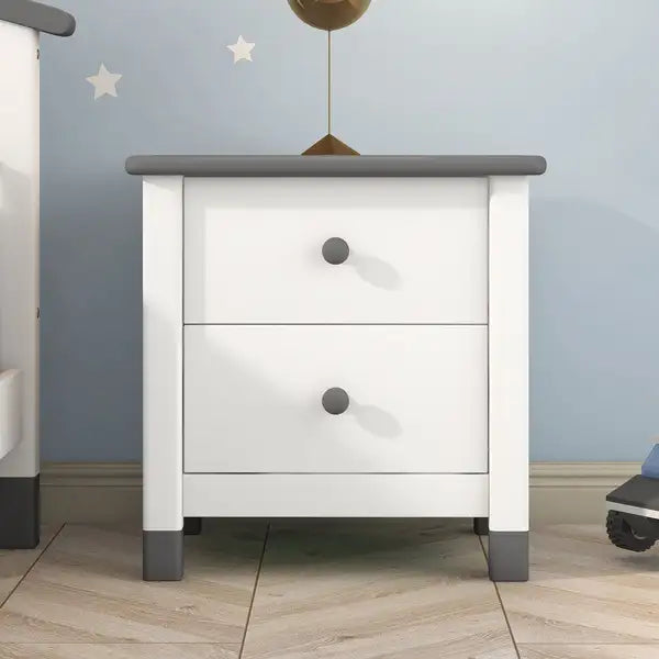 White & Gray Kids Nightstand with 2 Drawers - Wooden End Table for Bedroom