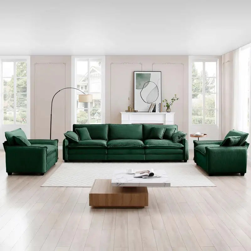 Green Corduroy Sofa Set: 3-Seater & 2 Single Sofas - Cozy Home Theater Seating