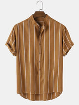 Simple Striped Men's Stand Collar Short Sleeve Shirt Men