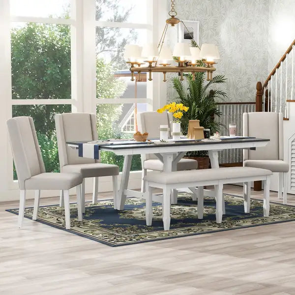 TREXM 6-Piece Extendable Dining Table Set with Upholstered Chairs & Bench - Gray & White