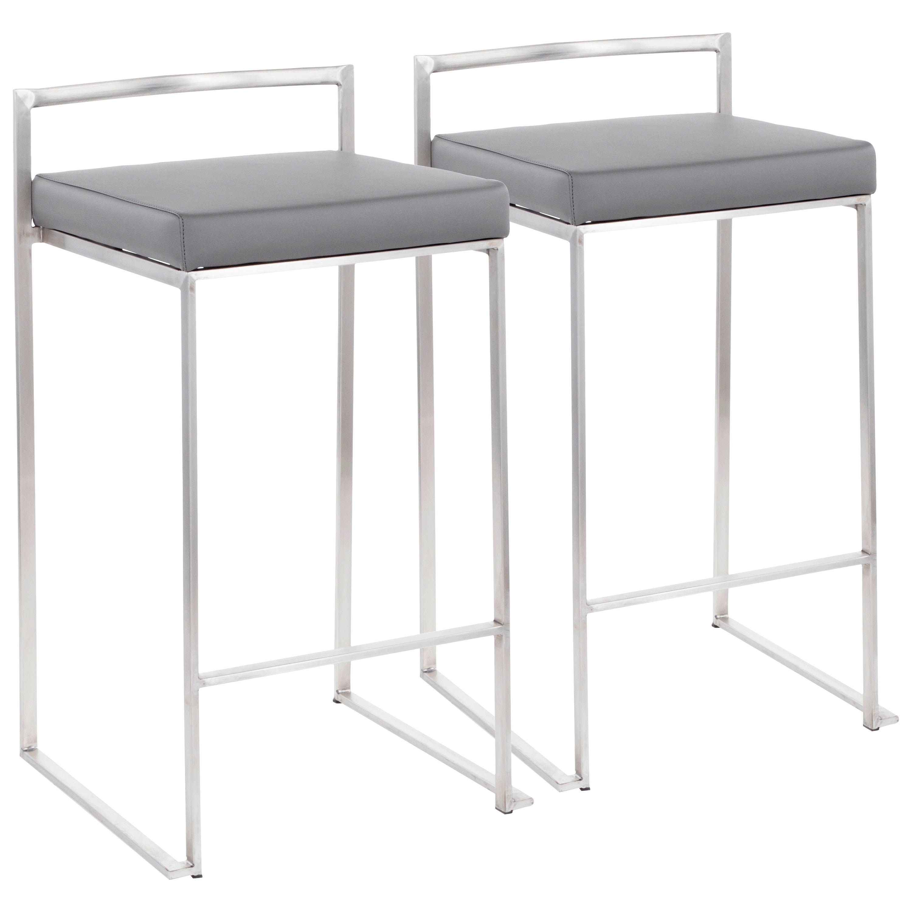 Fuji Stackable Counter Stools, Stainless Steel with Grey Faux Leather Cushions - Set of 2