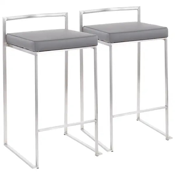 Fuji Stackable Counter Stools, Stainless Steel with Grey Faux Leather Cushions - Set of 2 - Minihomy