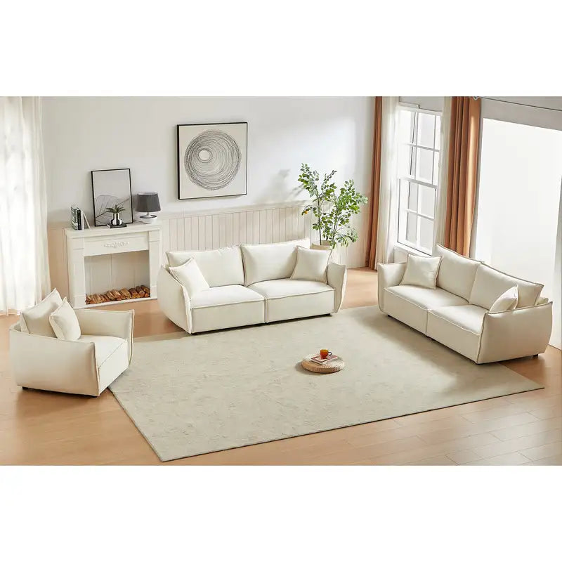 Modern Linen Sofa Set: 3+3+1 Seating, Wooden Frame, 5 Pillows