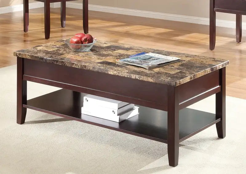 Lift Top Coffee Table with Storage - Dark Cherry Finish & Faux Marble Top