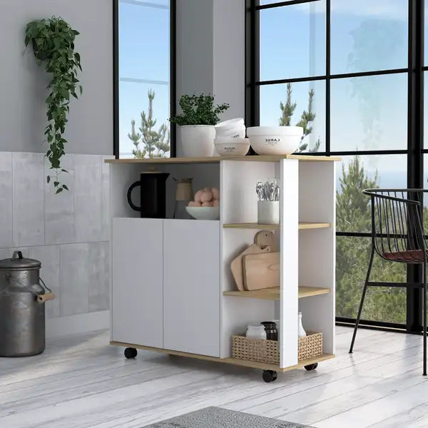 Kitchen Cart with Double Door Cabinet, 4 Shelves & Casters - Light Oak/White