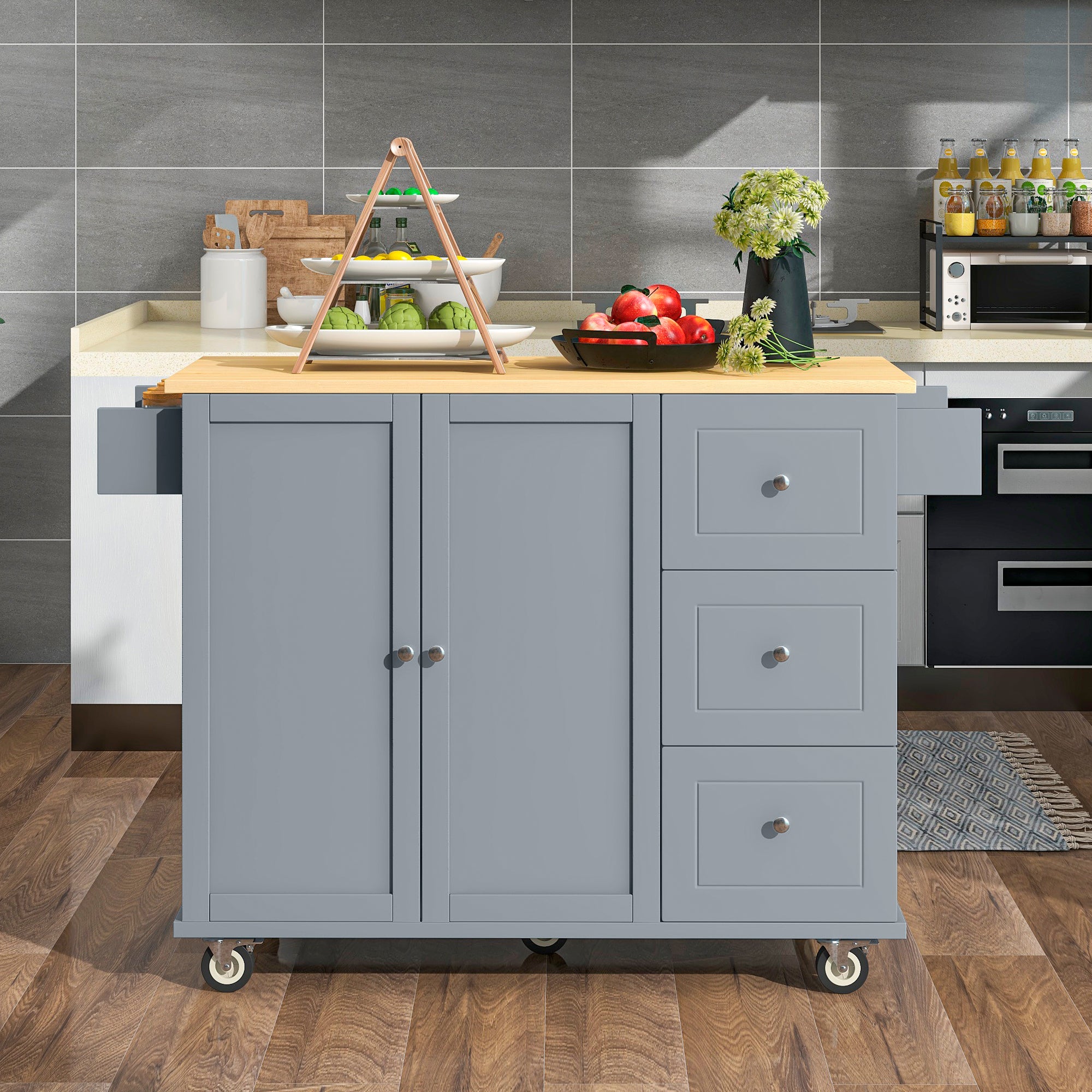 Mobile Kitchen Island with Solid Wood Top, Storage, Drop Leaf Bar, Spice Rack, Towel Rack, Drawer - Grey Blue