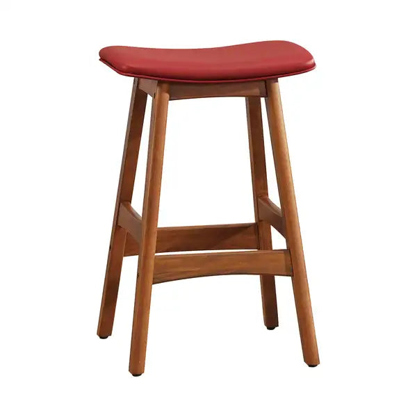 Mid-Century Modern Walnut Bar Stools (Set of 2) - Red Faux Leather