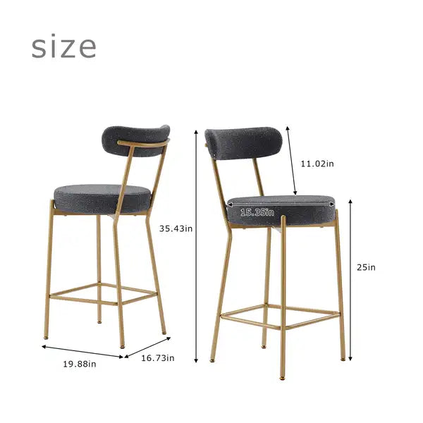 Gold Bar Stools Set of 2, 25" Counter Height Upholstered Sherpa Stools with Backs - Minihomy