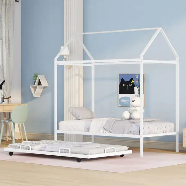 Twin Kids House Bed with Trundle - White Metal Frame