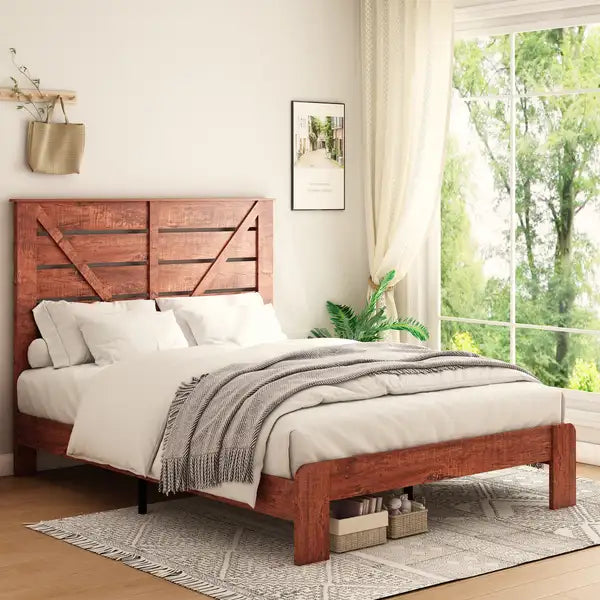 Wood Platform Bed Frame with Headboard - Noise-Free, No Box Spring, Easy Assembly, Large Storage, Vintage Brown