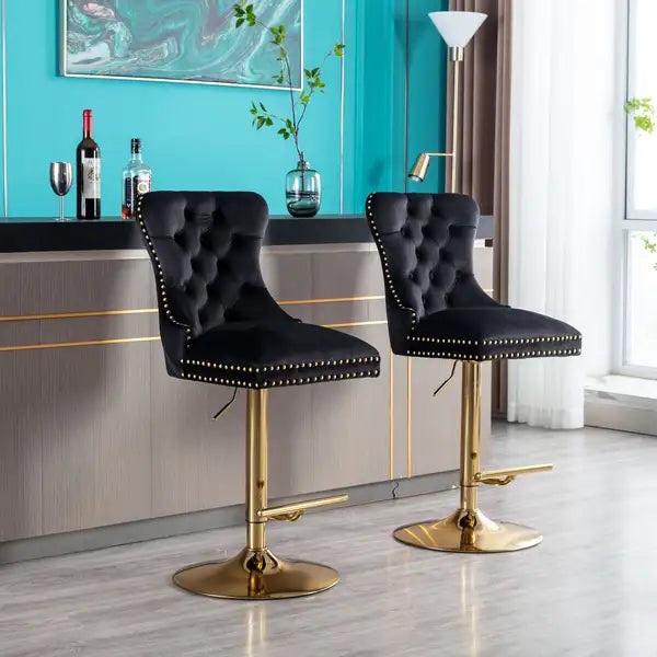 Modern Velvet Swivel Bar Stools Set of 2 - Adjustable Counter Height with Tufted Back & Ring Pull - Black & Gold