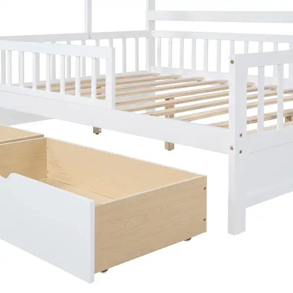 Full Size Wooden House Bed with Storage - White - Kids Bed with 2 Drawers - Minihomy