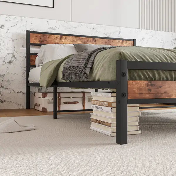 Queen Platform Bed Frame | Rustic Vintage Wood Headboard | Metal Slats Support | No Box Spring Needed