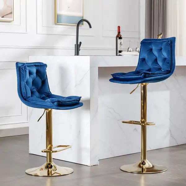 Set of 2 Swivel Bar Stools | Velvet Upholstery, Chrome Base, Height Adjustable, Blue