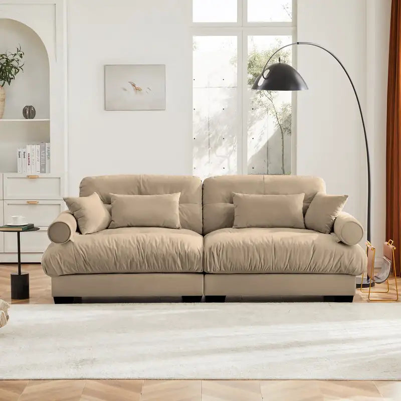 Camel Velvet Two-Seater Sofa: Modern & Cozy