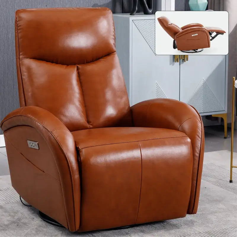 Yellow Brown Leather Power Recliner Chair - Swivel Rocker, Lumbar Support, USB