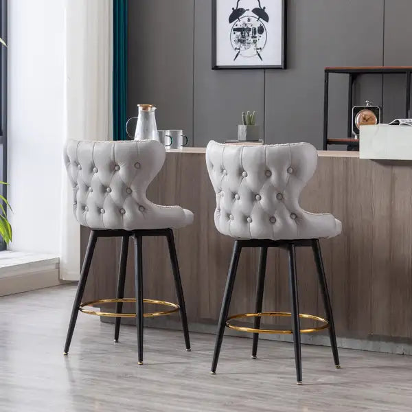 2-Pack Light Gray Modern Bar Stools, 25" Counter Height, Swivel, Tufted Gold Nailhead Trim, Metal Legs - Minihomy