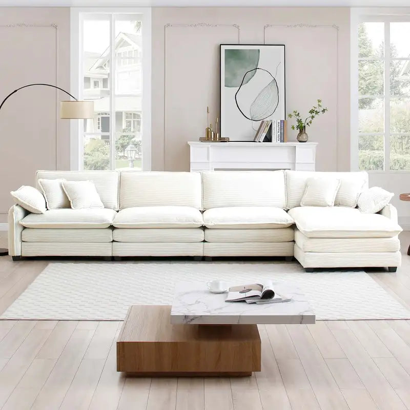 Modern 4-Seater Corduroy Sofa with Footstool & Pillows