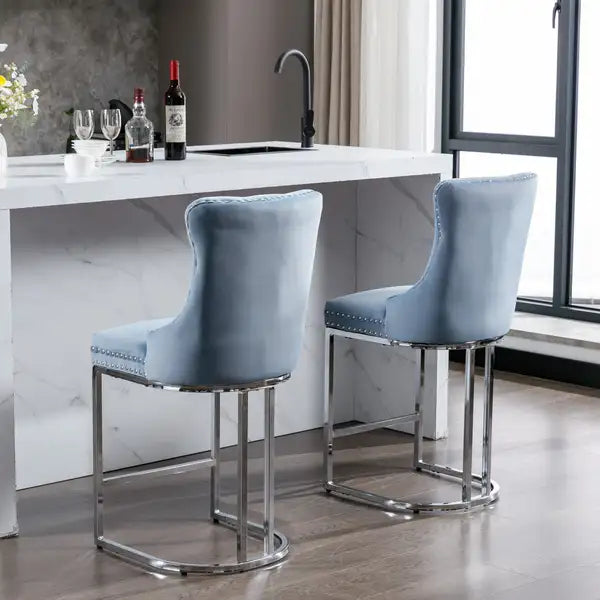 Modern Velvet Bar Stools Set of 2, Light Blue - Counter Height, Button Back & Rivet Trim, Chromed Metal Base - Minihomy