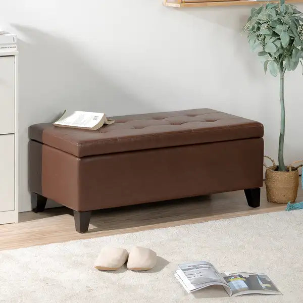 Brown Faux Leather Storage Ottoman with Wooden Legs - 38.4"