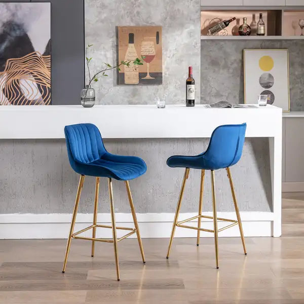 Set of 2 Velvet Bar Stools with Golden Legs, 26 Inch, Blue