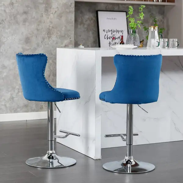 Blue Velvet Swivel Bar Stools with Backs - Adjustable Height (25-33"), Chrome Base, Set of 2 - Minihomy