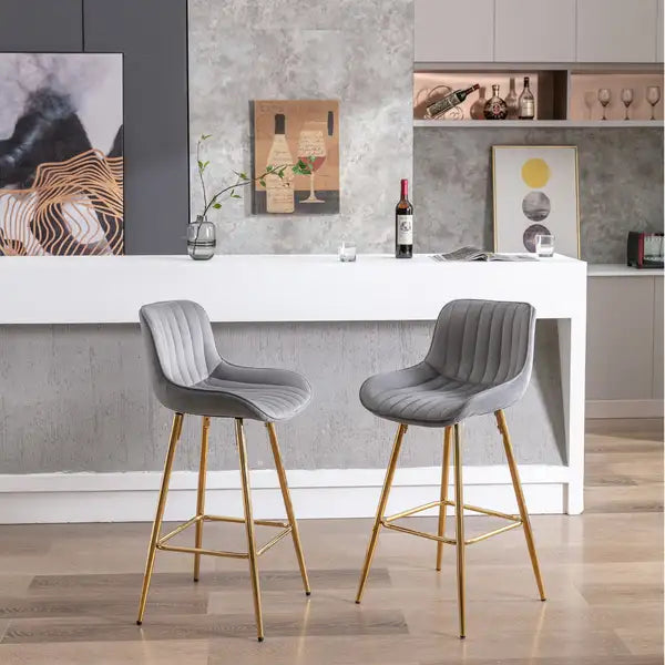 Set of 2 26 Inch Velvet Bar Stools with Chrome Footrest - Golden Legs - Gray