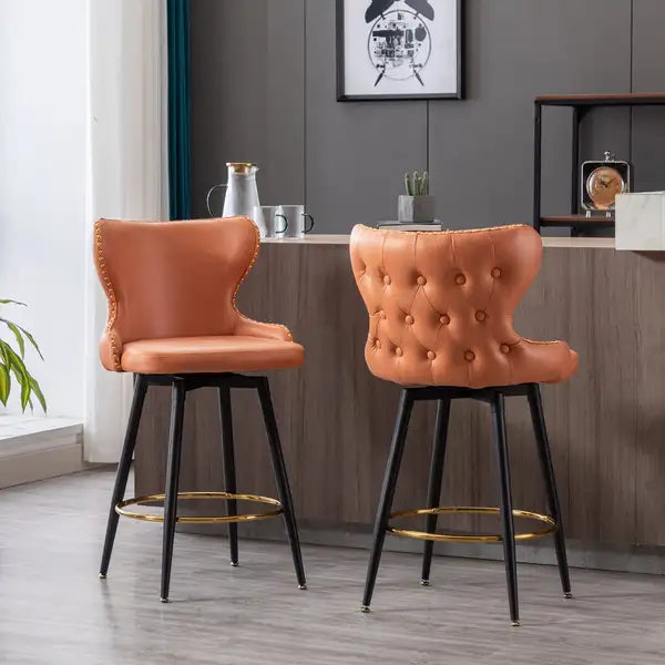 Modern Bar Stools, Set of 2, Swivel, Orange Leatherette, Gold Nailhead Trim - Minihomy