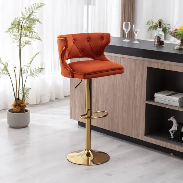 Orange Velvet Bar Stools with Back & Footrest - Set of 2 - Counter Height Dining Chairs - Minihomy