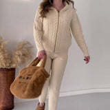 Solid Color Thick Rope Twist Zipper Hooded Casual Sweater Suit