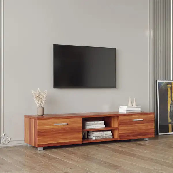 Walnut TV Stand for 70" TVs: Media Console with Storage & Shelves